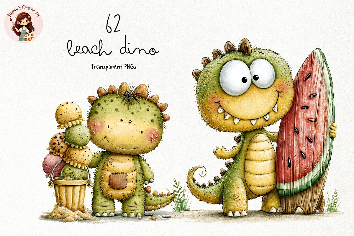 Cute Beach Dino PNG Clipart, a Seasonal Illustration by Nicolle's Colorful Art (Photo 1 of 5)