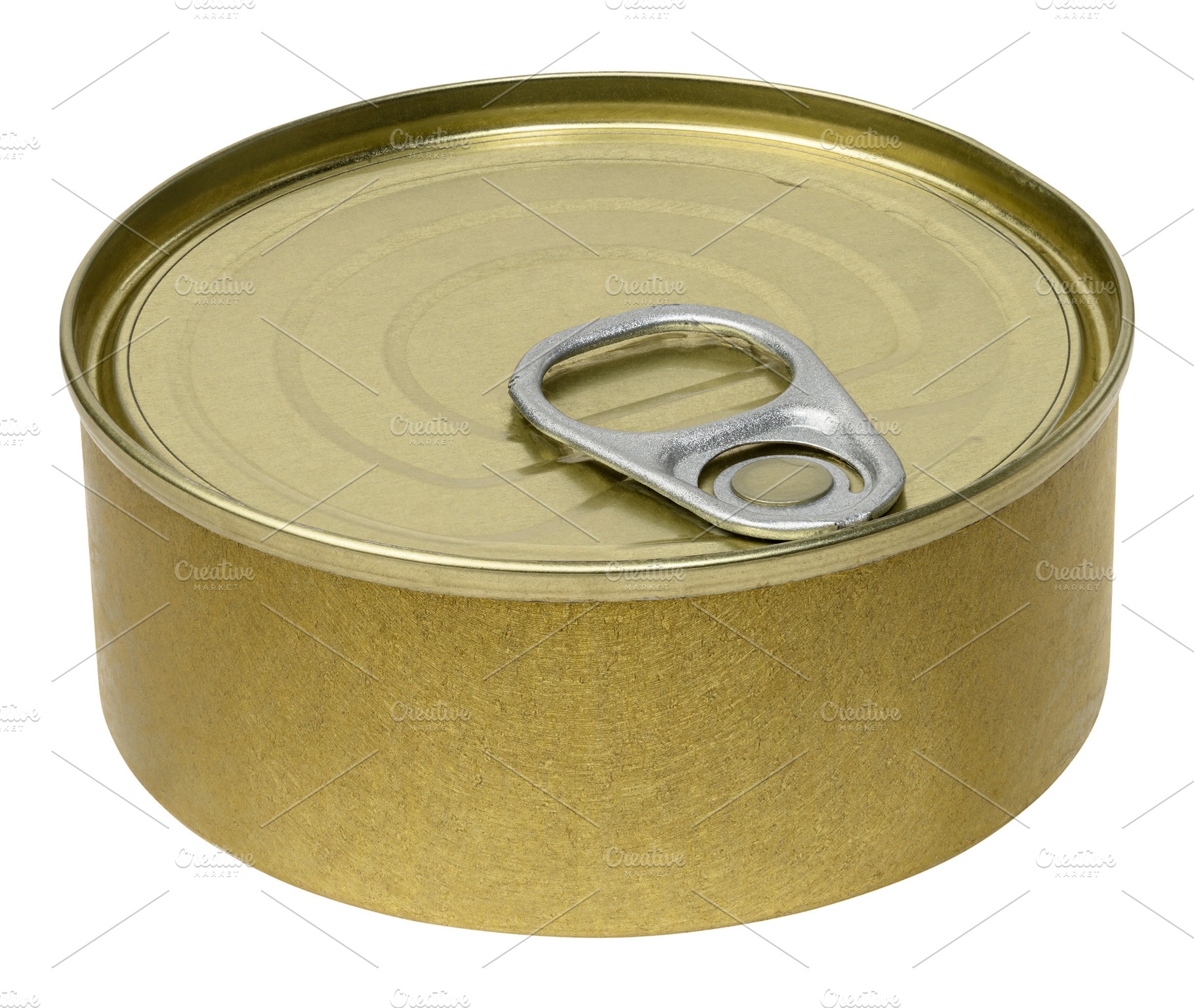 Closed golden colored tin can with quick opening ring, a Food & Drink Photo by ndanko
