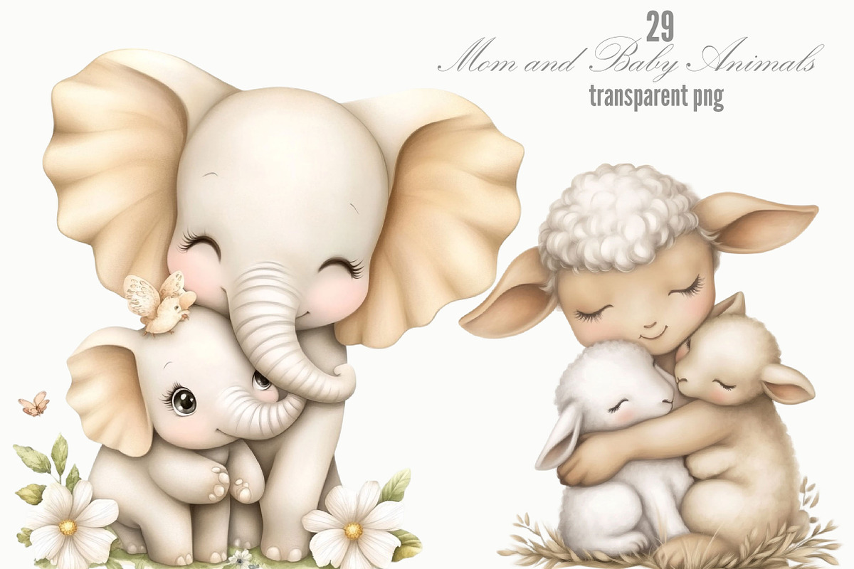 Mom and Baby Animals Clipart Bundle, an Animal Illustration by Designking (Photo 1 of 5)
