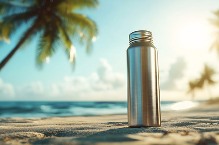 Refreshing beverage on a sunny beach, a Business Photo by Beautiful things