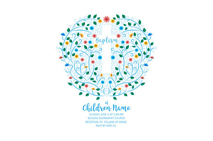 Baptism, Christening Invite - Invitation Template with Cross and Flowers.