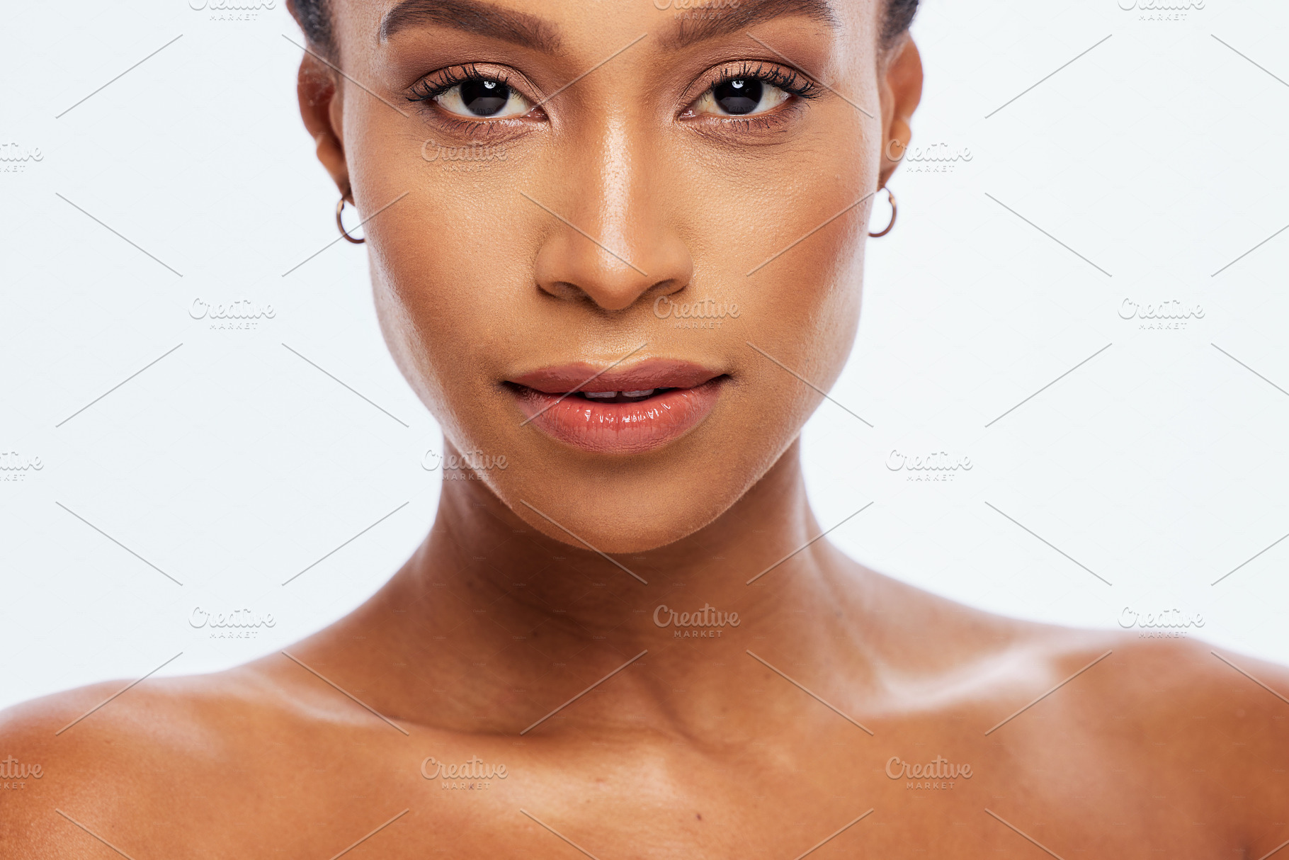 Woman, face and beauty skincare for makeup, cosmetics or facial treatment isolated on a white background. Portrait of beautiful female in satisfaction with cosmetic lips for self love or perfect skin, a Photo by Peopleimages.com