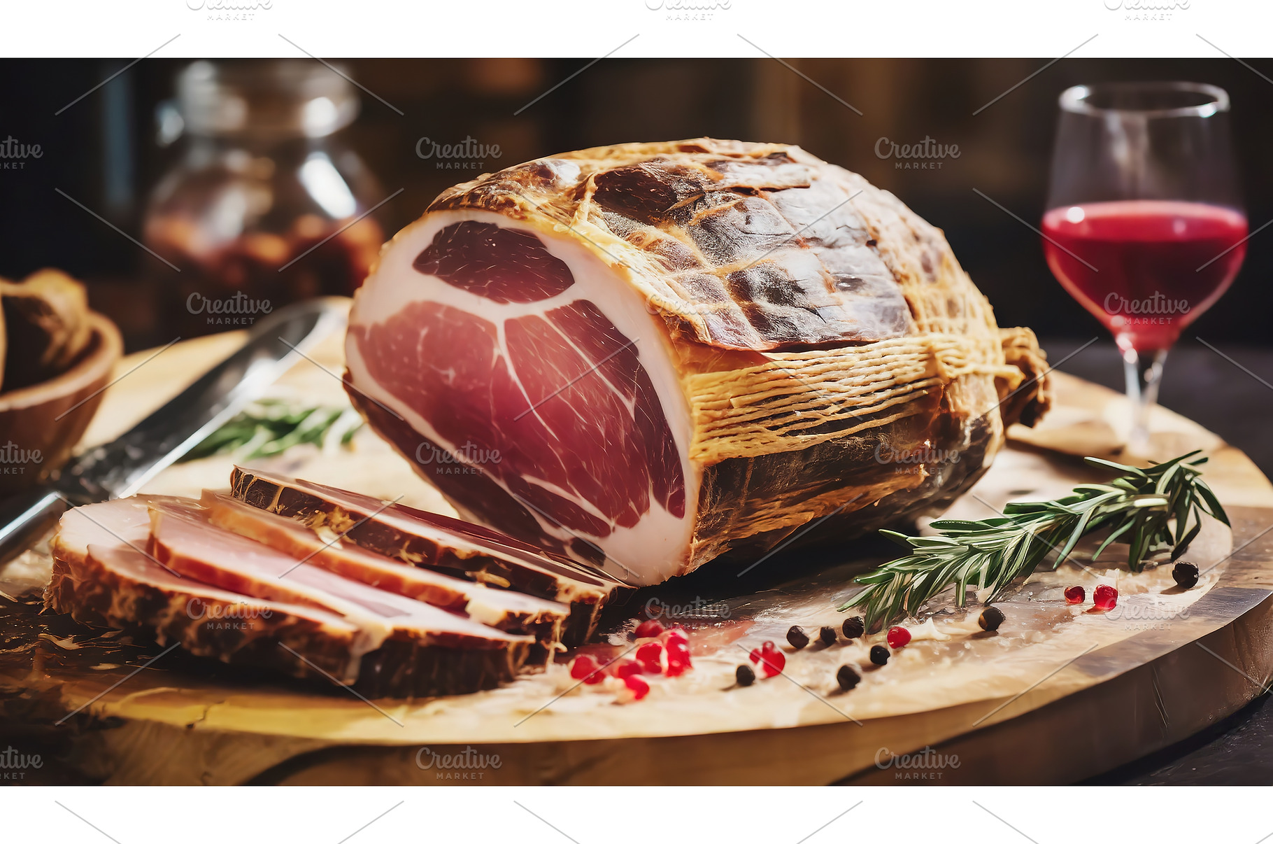 Rustic ham with slices on a wooden, a Food & Drink Photo by Igor Tichonow