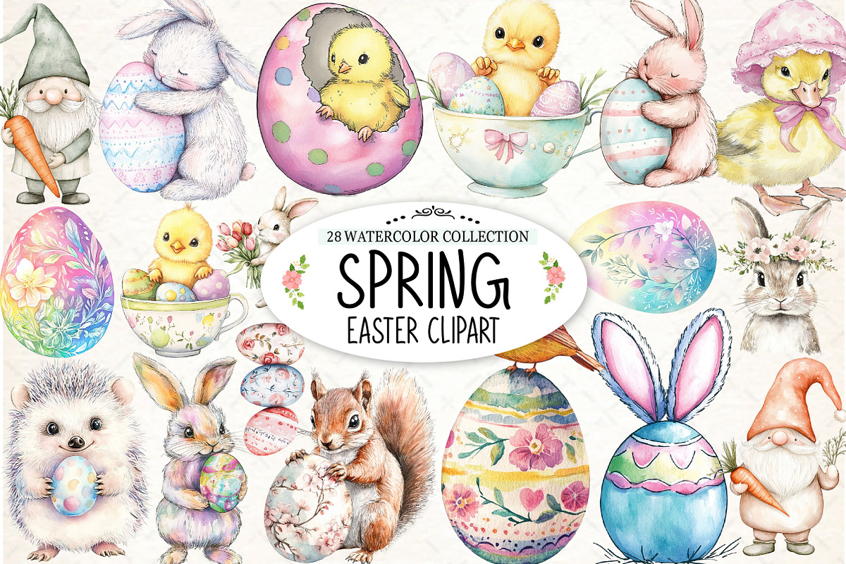 Whimsical Spring Easter Clipart, an Illustration by Watercolor design (Photo 1 of 4)