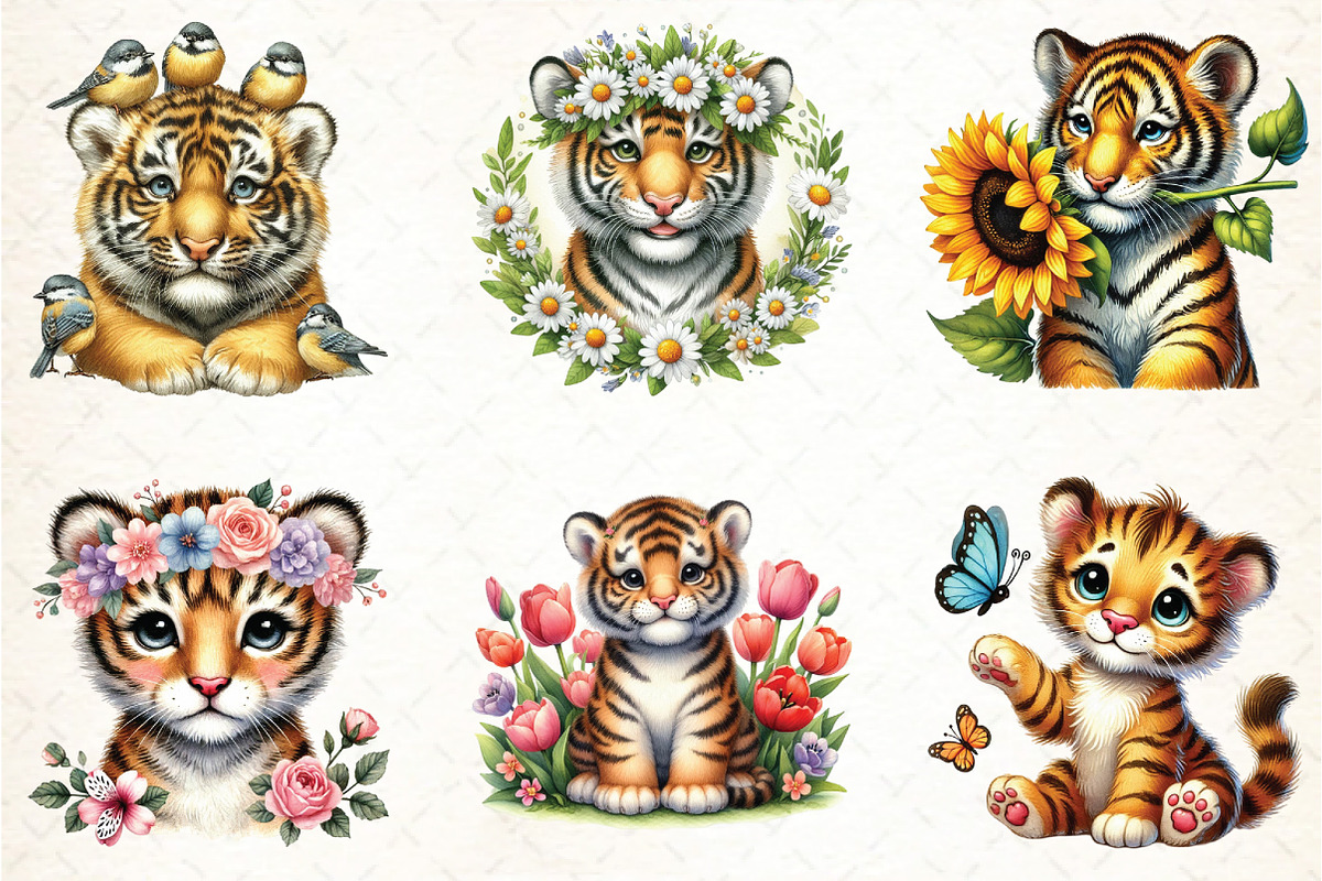 Cute Spring Tiger Watercolor Clipart, an Illustration by DreamCafeArt (Photo 2 of 3)