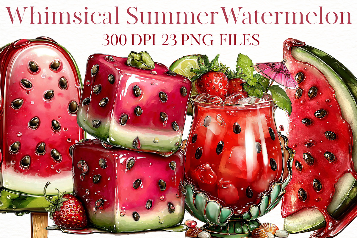 Whimsical summer watermelon clipart, an Illustration by Designworld (Photo 1 of 8)