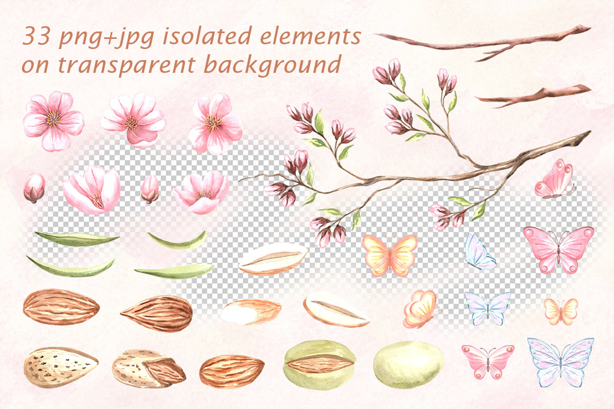 Blossoming Almond watercolor clipart, a Food Illustration by susie-p-art (Photo 2 of 18)