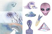 Watercolor UFO cliparts for articles, an Illustration by masha gross (Thumbnail 1 of 4)