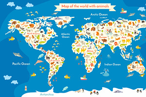 Map of the World with animals.