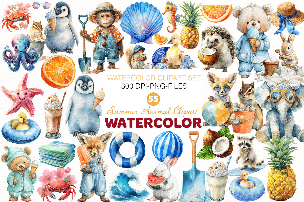 Watercolor Summer Animal Clipart, an Illustration by Designworld (Photo 1 of 6)