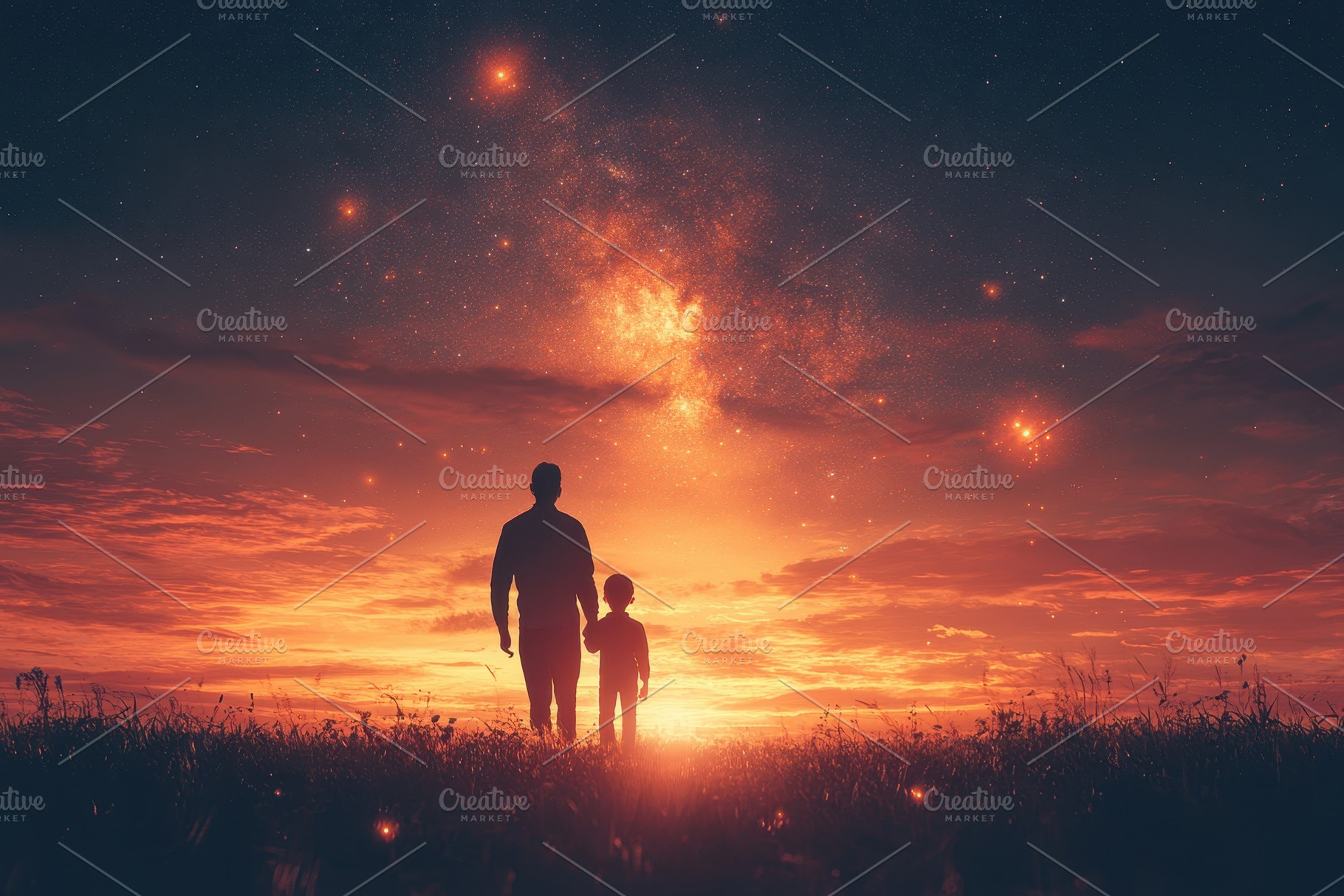 Father and son watching a stunning s, a Photo by Tanuart