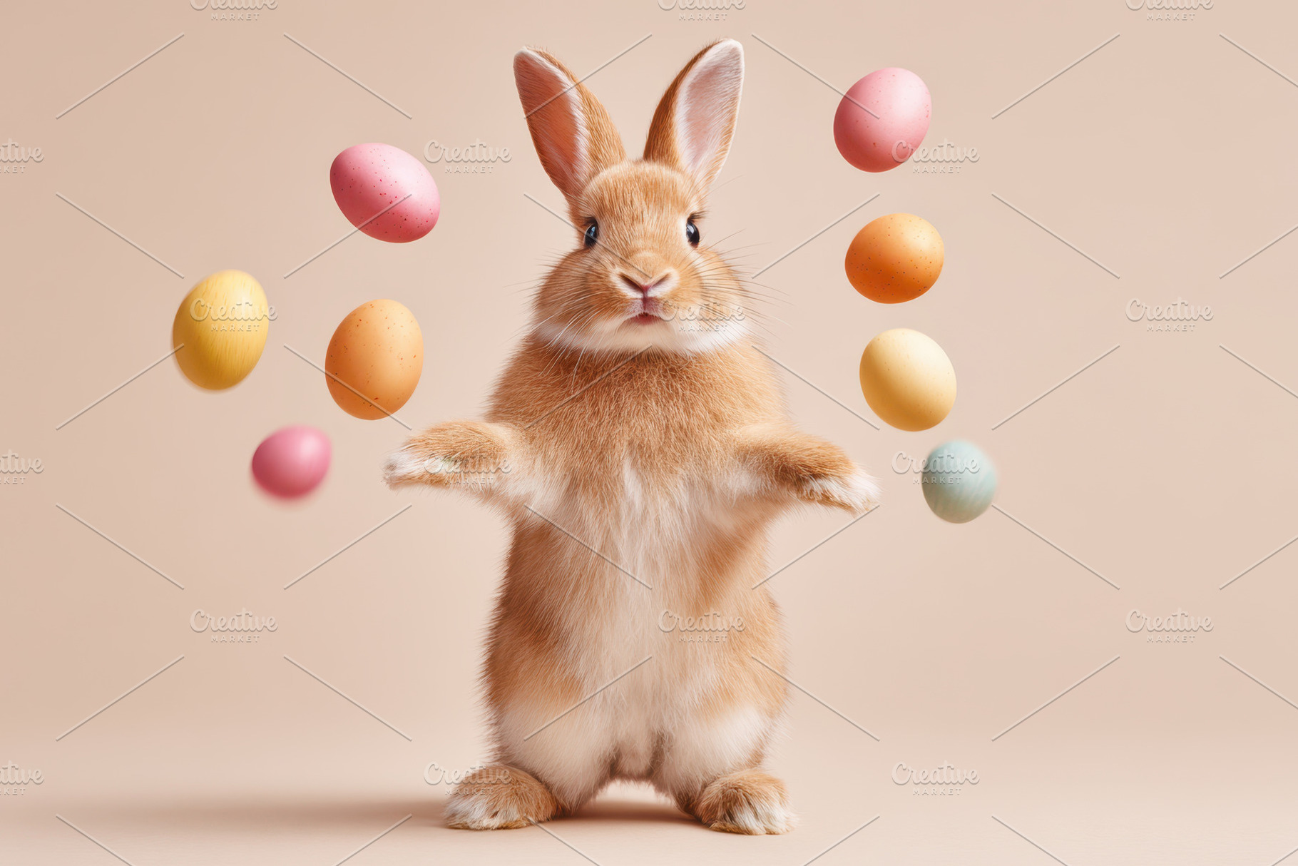 Easter bunny with pastel floating eggs, an Animal Photo by AlyaAnd