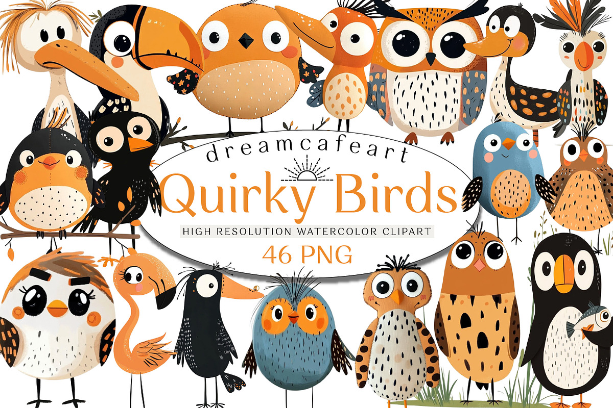 Quirky Birds Hand-Drawn Clipart, an Illustration by DreamCafeArt (Photo 1 of 8)