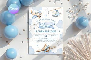 Blue Airplane Birthday Party Invite, a Templates & Theme by VeliusCreativeStudio