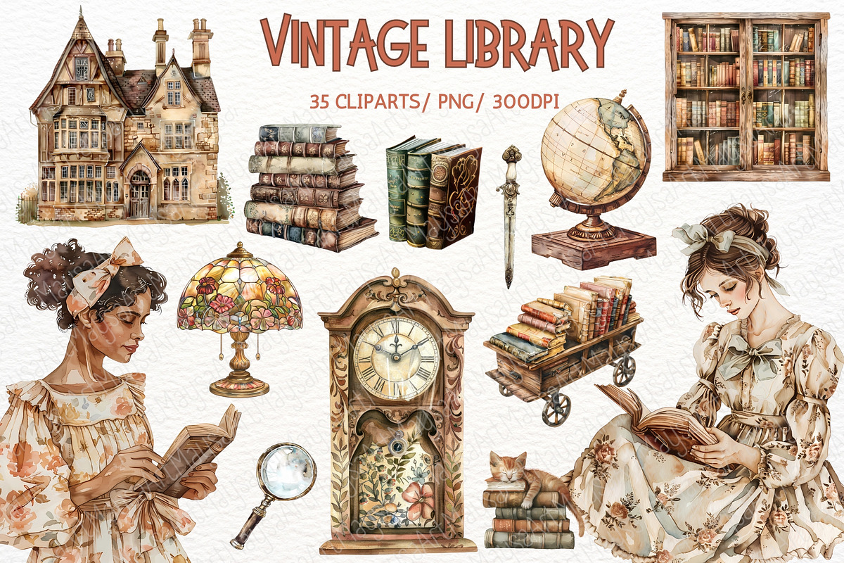 Watercolor Vintage Library Clipart, an Illustration by Maysa Art (Photo 1 of 6)