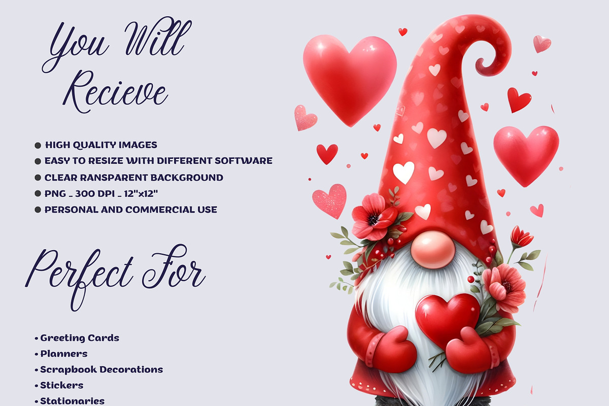 Watercolor Valentine Gnome Cliparts, a Seasonal Illustration by Dizzy Art Studio (Photo 3 of 6)