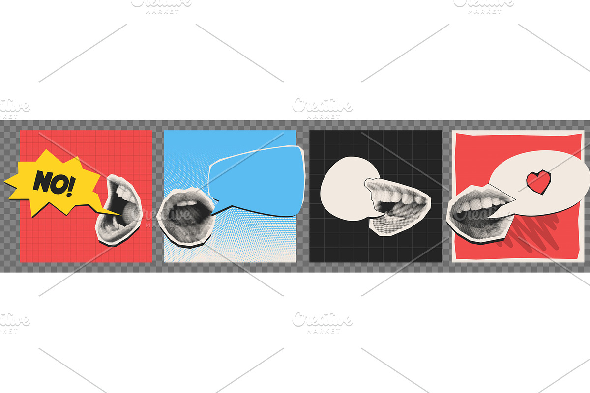 Halftone mouth speech bubbles set, a Person Illustration by art PVP - market