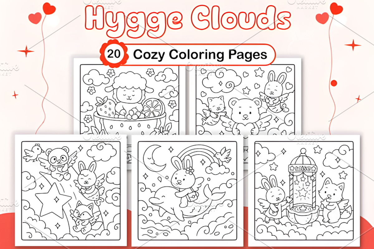 Hygge Clouds Cozy Coloring Pages, an Animal Illustration by Coco Bloom (Photo 1 of 4)