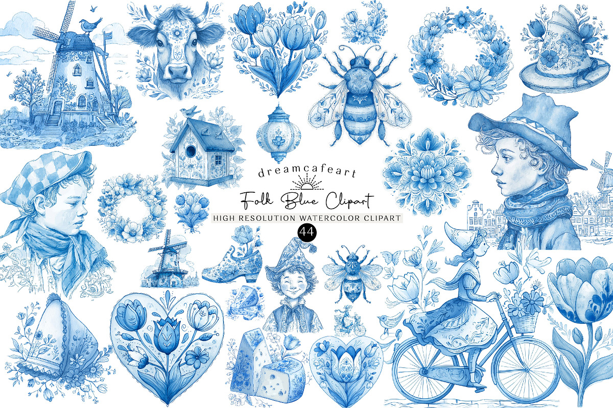 Dutch Folk Blue Clipart Set, an Illustration by DreamCafeArt (Photo 1 of 6)