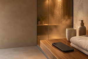 Dark showering concept. Serene modern bathroom with shower steam, a Photo by Dvoevnore photos