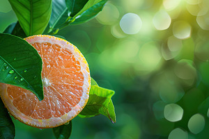 Fresh and tasty grapefruits with green leaves on blurred green background, a Food & Drink Photo by AlyaAnd