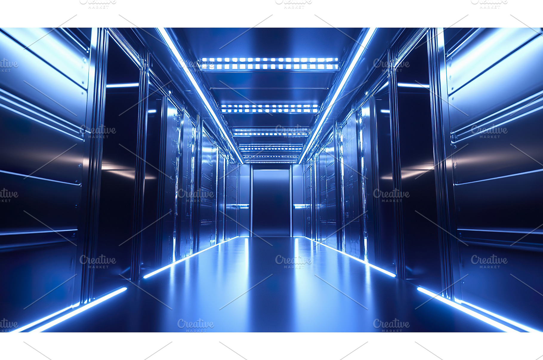 Futuristic blue data center corridor, a Technology Photo by Lermont51