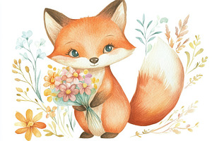 Fox holds flowers in garden, a Photo by Pavel_design
