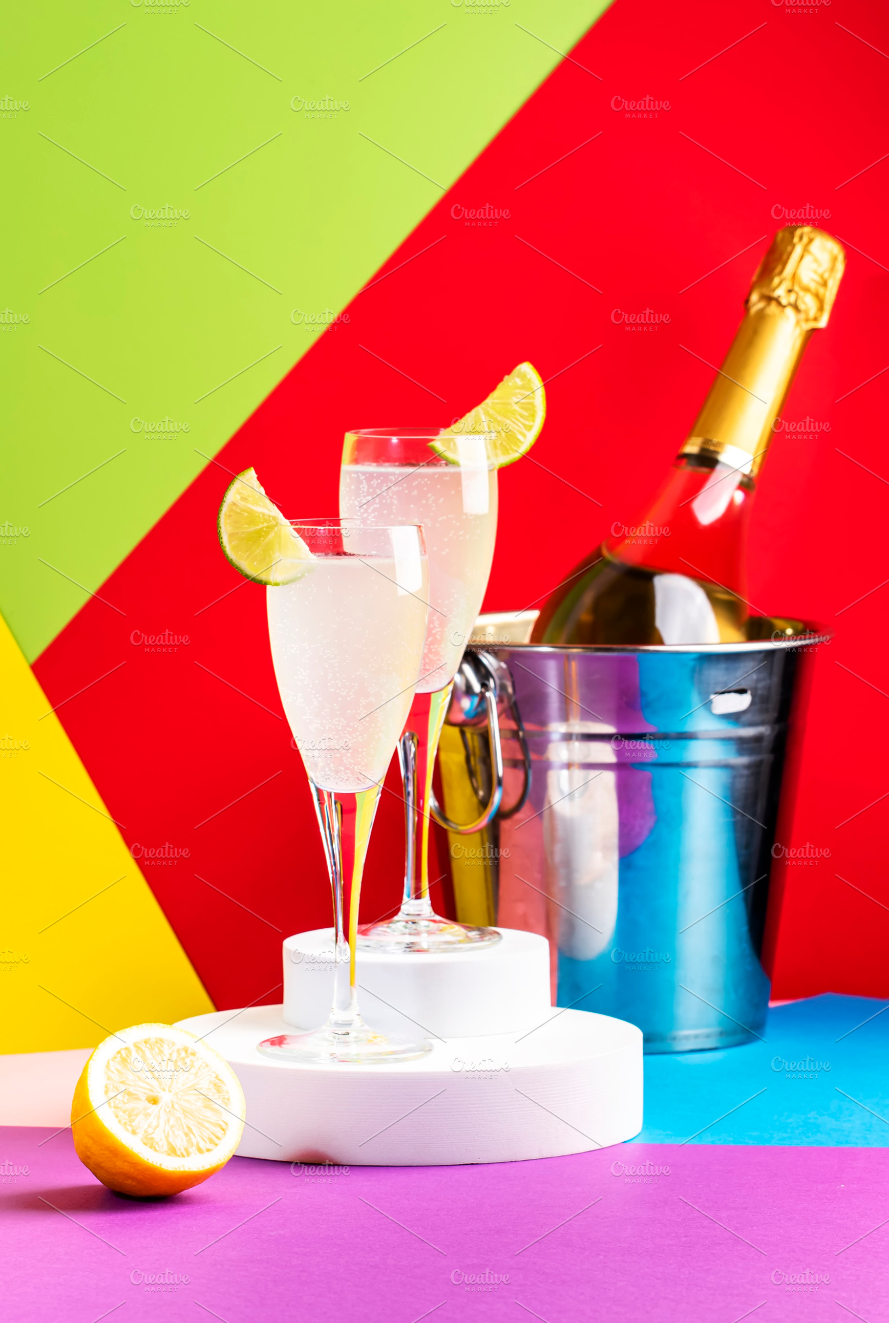 French 75 cocktail with dry gin, prosecco wine, syrup, lime and, a Food & Drink Photo by 5PH