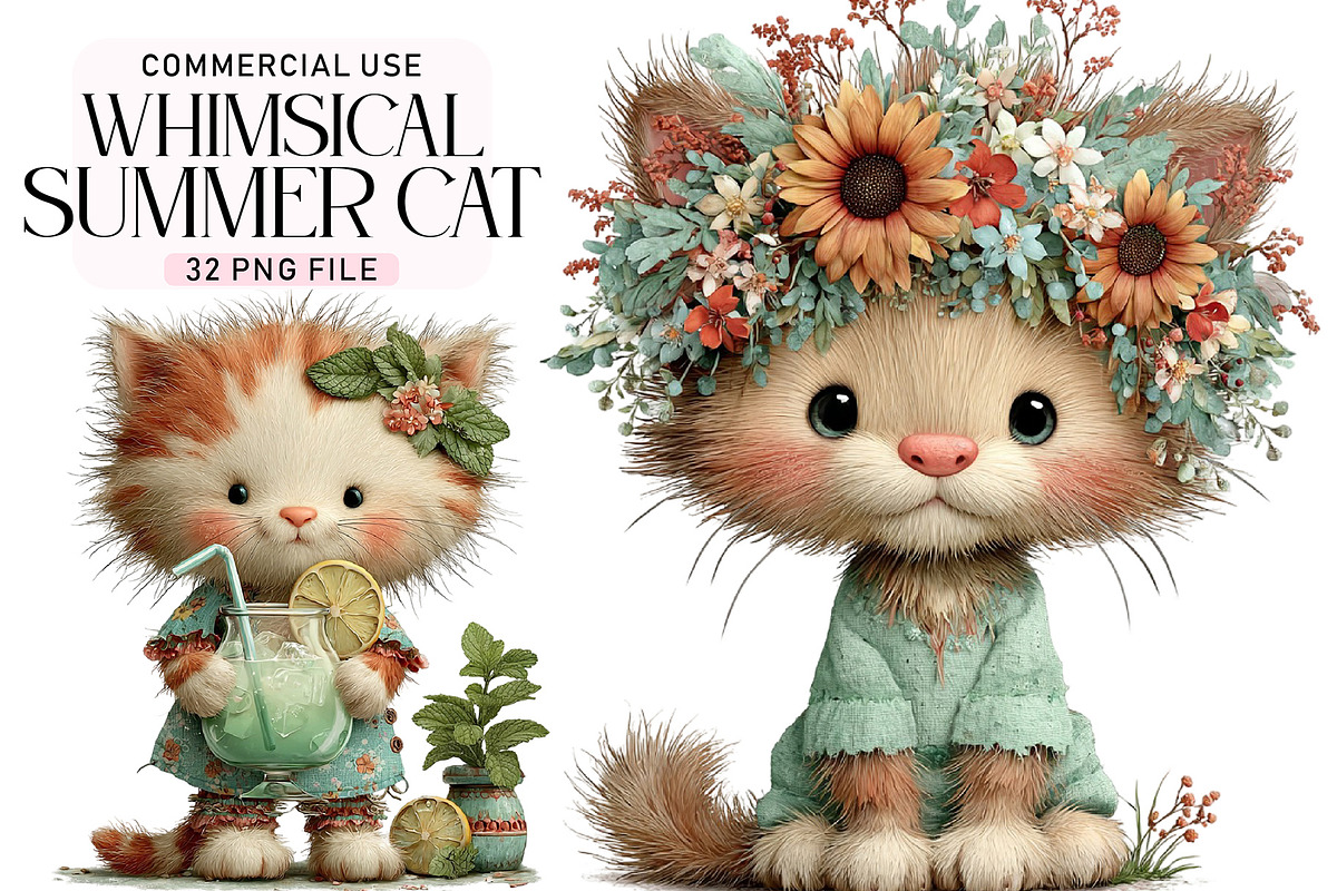 Whimsical Summer Cat Clipart, an Illustration by Daily.Designs (Photo 1 of 5)