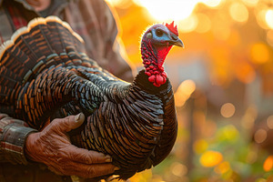 Farmer holding large heritage turkey at sunset