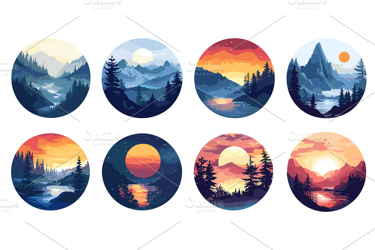 Mountains in Circles Vector, an Illustration by LadadikArt