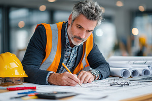 Architect reviewing blueprints desig, a Photo by Pixeness Studio