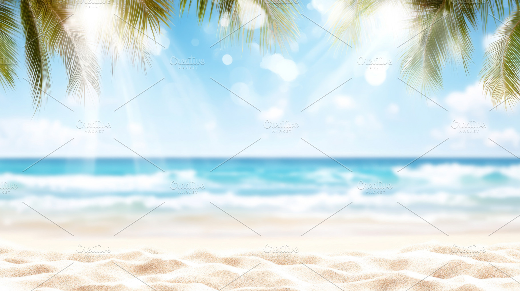 Blurred tropical beach with palm lea, a Photo by Dvoevnore photos