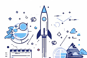 Digital marketing concept with rocket, laptop, and statistical data symbols, an Illustration by AS photostudio