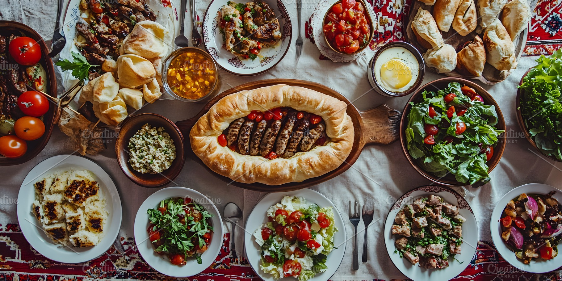 Stuffed bread with sausages and assorted Middle Eastern food, a Food & Drink Photo by Photostock