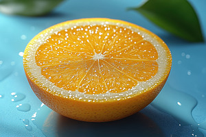 Freshly sliced orange resting on blu, a Photo by Tanuart