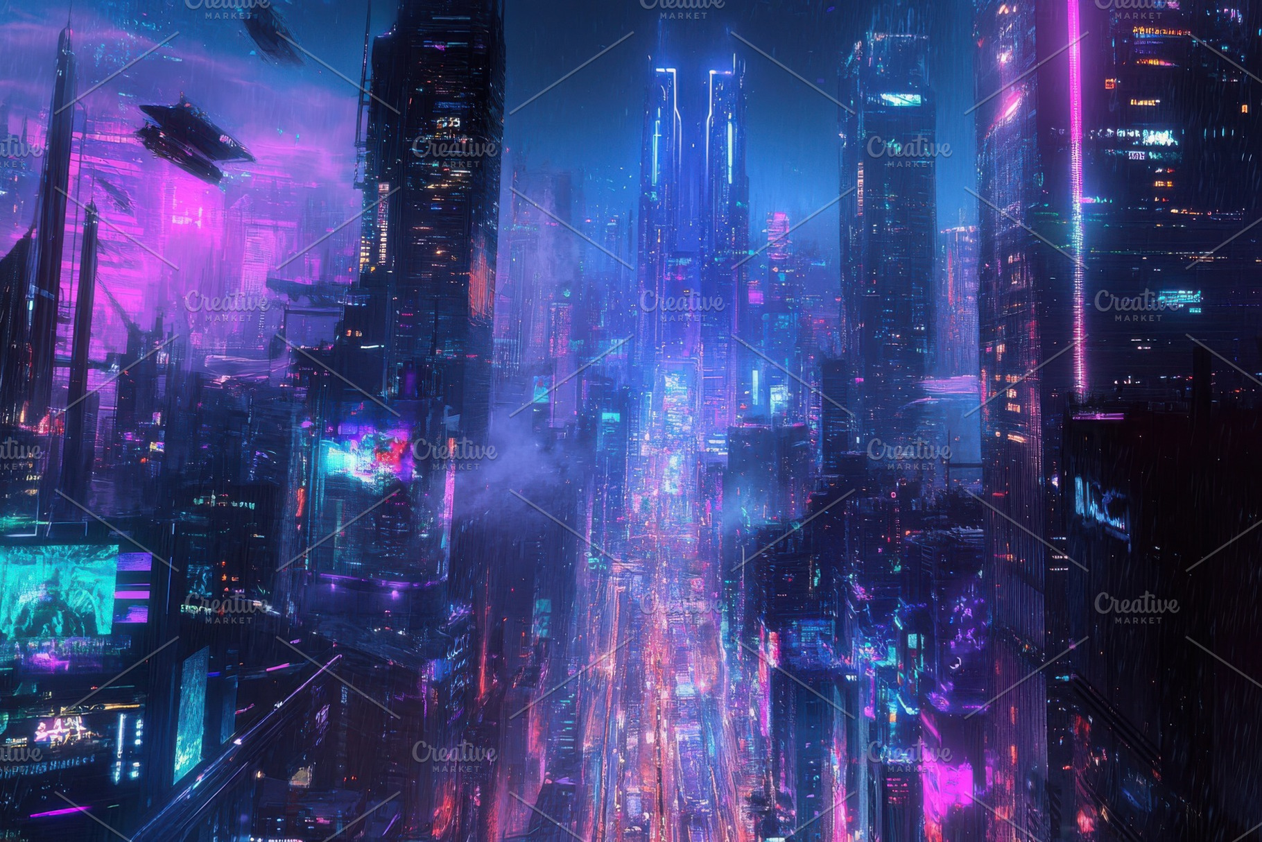 Futuristic Cityscape Neon Lights Rai, a Photo by Pixeness Studio