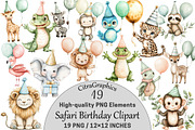 Watercolor Safari Birthday Clipart, a Seasonal Illustration by CitraGraphics (Thumbnail 1 of 3)