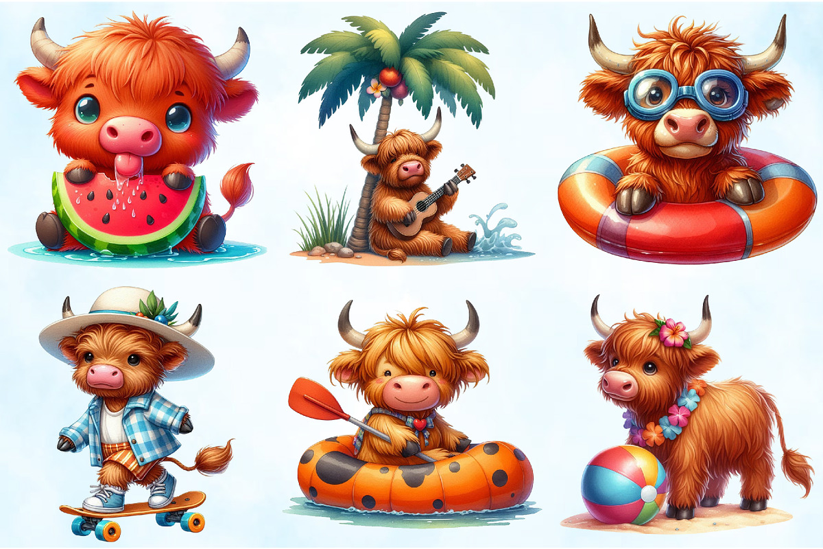 Funny Summer Highland Cow Clipart, an Illustration by Craft Nest (Photo 4 of 5)