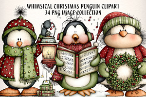 Whimsical Christmas Penguin Clipart, an Illustration by Dream Creation
