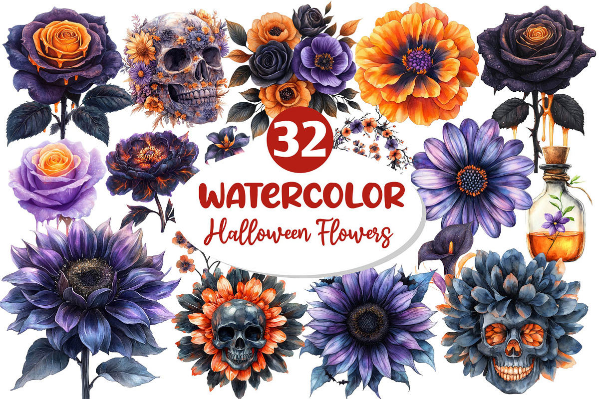 Watercolor Halloween Flowers Clipart, an Illustration by Dream Creation (Photo 1 of 7)