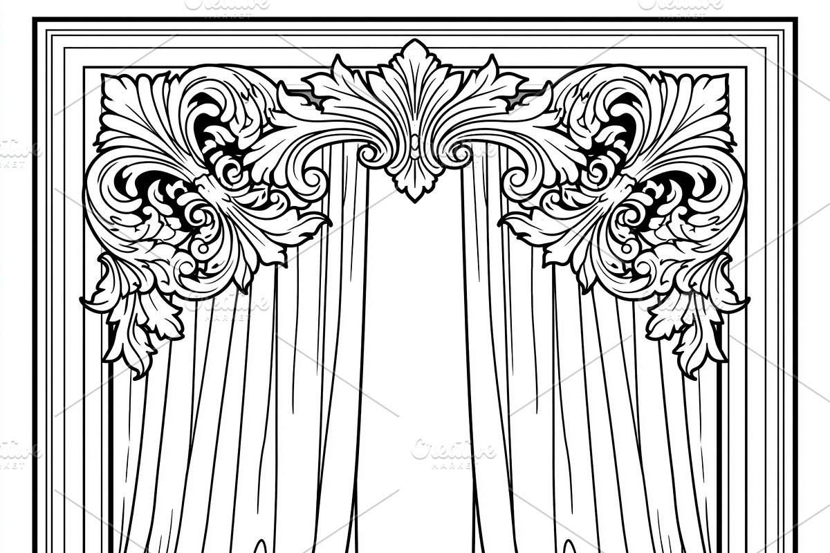 Ornate rococo style curtains frame illustration for coloring boo, an Illustration by Studio ANNA