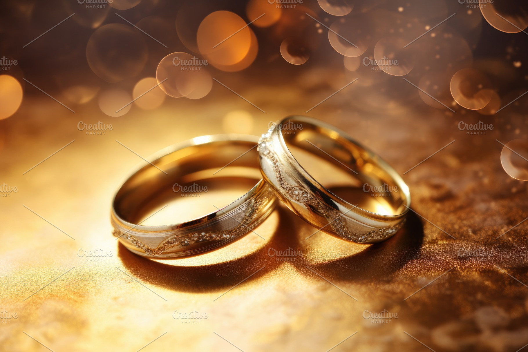 Wedding rings on golden background w, a Photo by Iftikhar Alam