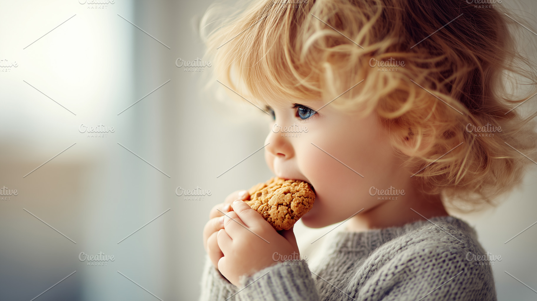 Toddler with curly hair enjoys, a Food & Drink Photo by MistyDay