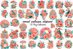 coral cabana watercolor clipart, an Object Illustration by DreamCafeArt
