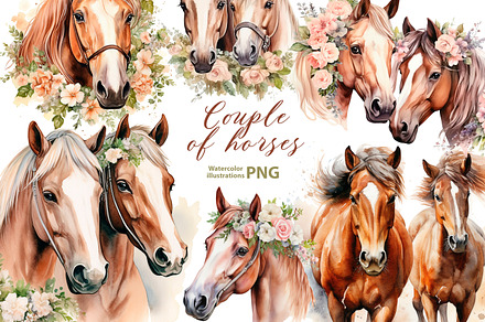 Watercolor couple of horses, an Animal Illustration by NataliMiasStore
