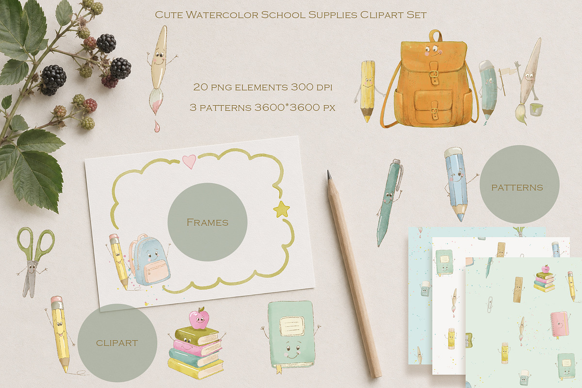 Cute Watercolor School Supplies Set, an Education Illustration by AlenaVlasko stock Market (Photo 1 of 4)