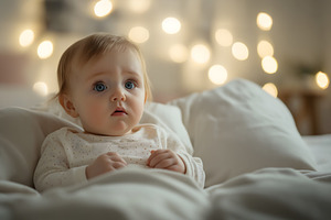 Sad little baby girl is lying in bed at home or hospital, a Person Photo by Lenor4ik