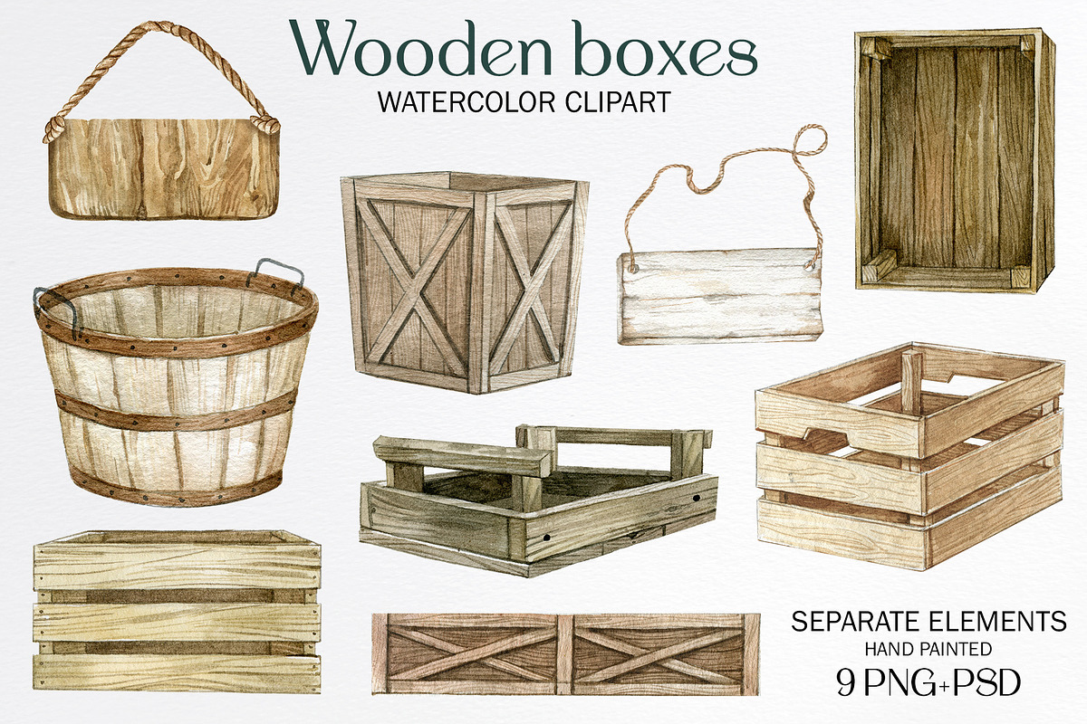 Watercolor empty wooden box clipart, an Object Illustration by yana.fefelova (Photo 1 of 4)