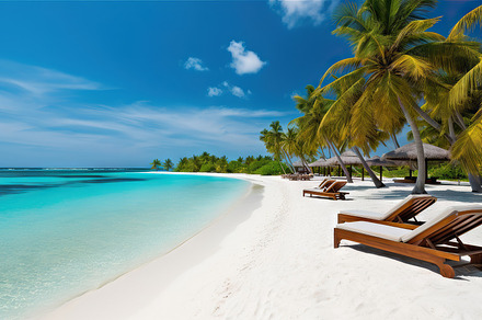 Tropical Paradise: Relaxing Lounge Area Beneath Palm Trees on a Pristine Sandy, a Photo by AS photostudio